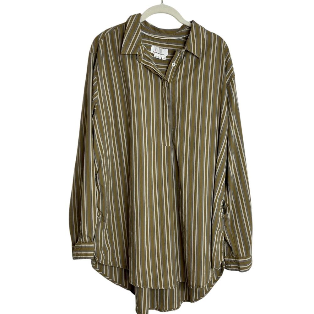 By Anthropologie Womens Tunic Striped Button Sleeve Size Large Olive Green